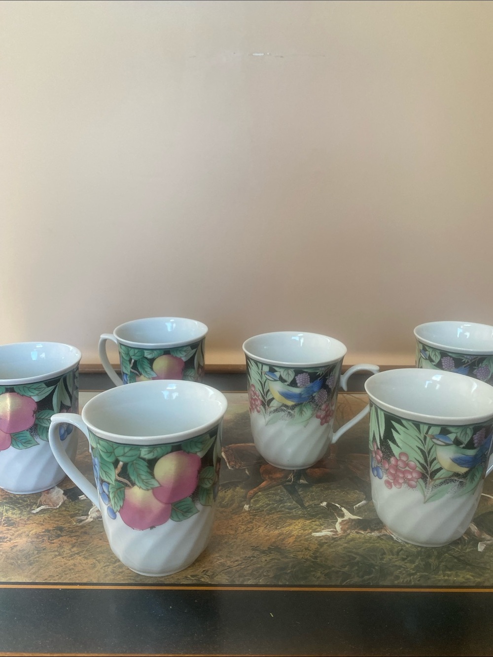 Vintage Lynns Fine China Coffee Tea Mugs w/ Floral Fruit & Bird Pattern